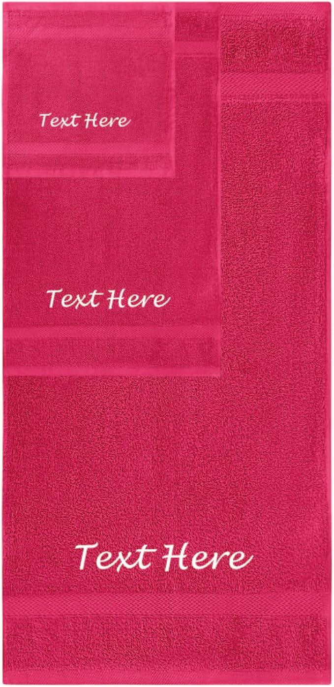 Personalized Passion 3-Pack Towels Set with Embroidered Text - Super Soft & Absorbent Turkish Cotton Towels for Bathroom, Spa, Gym, Pool and Hotels - Includes 1 Bath, 1 Hand, 1 Washcloth - Hot Pink