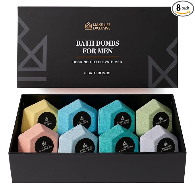 Bath Bombs for Men – 8 Large Diamond Shape Natural Mens Bath Bombs | Relaxing Bubble Bath Set & Bubble Bath Balls for Men | Masculine Scents & Skin Soothing Gift Set