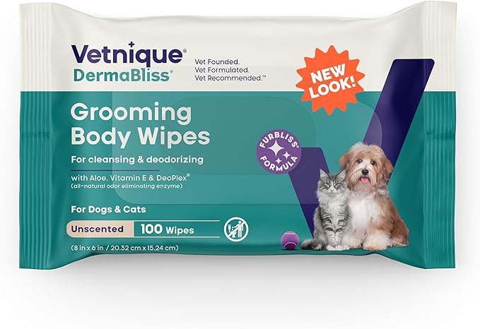 Vetnique Furbliss/Dermabliss Pet Wipes for Dogs & Cats for Grooming, Cleansing & Deodorizing, Thick Dog Wipes for Convenient Dog Cleaning with Natural Deodorizer, 100ct (NEW Unscented)