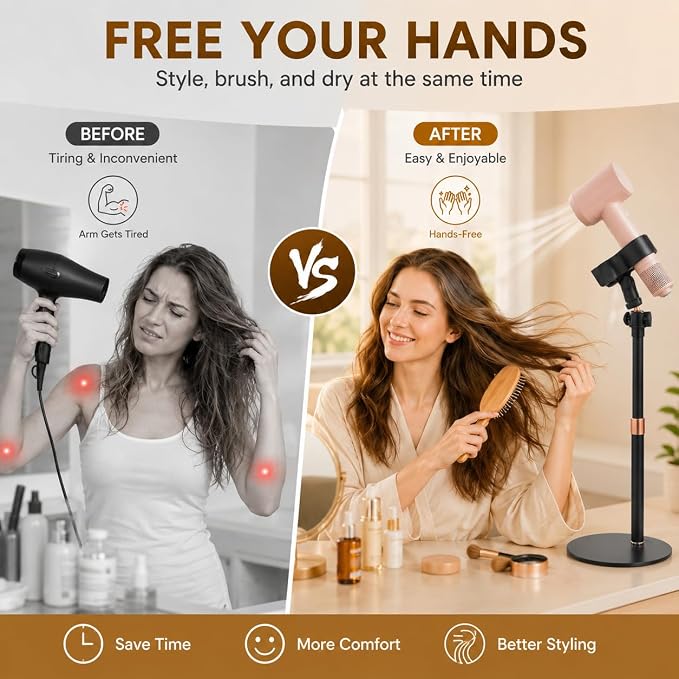 Hair Dryer Stand Holder, Hands-Free Adjustable Countertop Stand, Stable Round Base, 360° Rotating Ball Joint, Fits Most Hair Dryers, Black