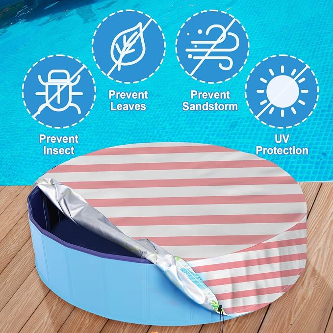 Foldable Round Dog Swimming Pool Cover, for 32"/48"/63" Collapsible Outdoor Tub,PVC Coating Waterproof and UV Protection (M-48 * 12 inch, Pink Stripes)