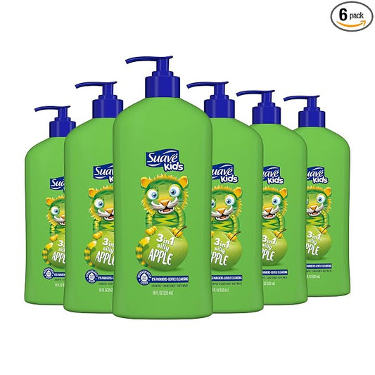 Suave Kids 3-in-1 Tear Free, Body Wash, Shampoo and Conditioners, Dermartologist Tested, Silly Apple, 18 Oz Pack of 6
