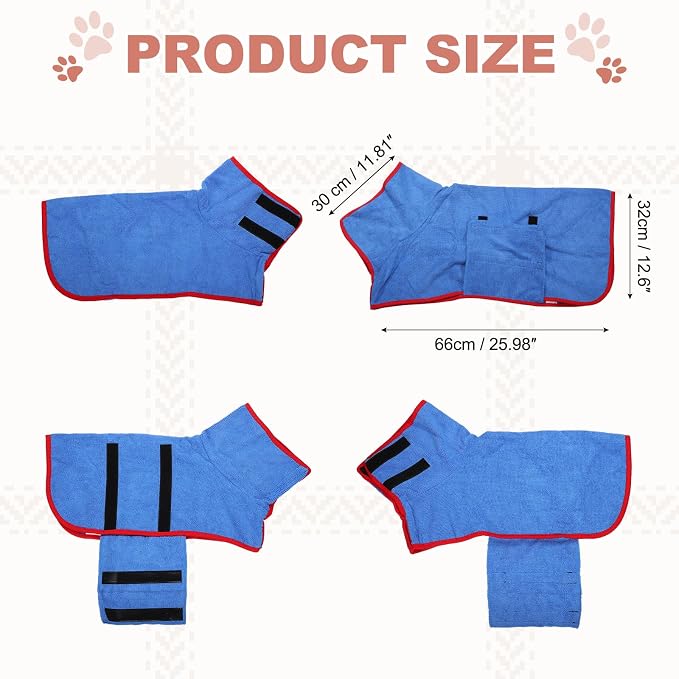 Dog Drying Coat, Dog Robes for After Bath Bathrobe Super Absorbent Towel Soft Adjustable, (M, Blue), Intended for Fast Drying Warm Keeping Pet Cats Kitten Puppies