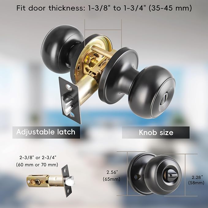 3 Pack Black Door Knobs Interior Keyless, Door Knobs for Bathroom & Bedroom, Matte Black Privacy Door Knob with Turn Lock