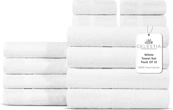 12-Piece 100% Cotton Towel Set, 4 Bath Towels, 4 Hand Towels, 4 Wash Cloth, Quick-Dry, White