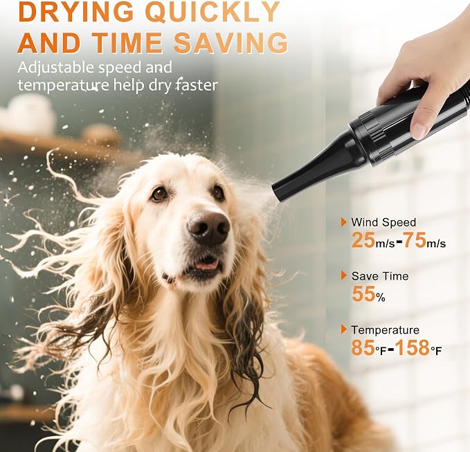 NESTROAD Dog Dryer, 4.3HP/3200W High Velocity Pet Hair Dryer, Stepless Adjustable Speed, Quick-Drying, Reduce Noise & Heat Insulation, 4 Nozzles and a Brush, Black