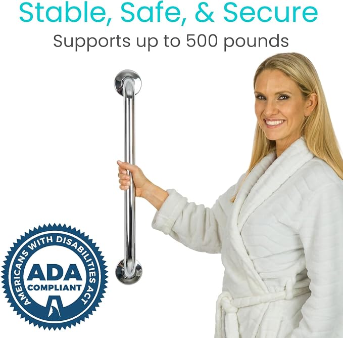 Vive Grab Bar for Showers - Bathroom Antislip Handrail for Seniors, Elderly Assistance Product, Heavy Duty Shower Handles, Handicap Grab Bars, Stainless Steel, Multipurpose, 440 lbs (Polished)