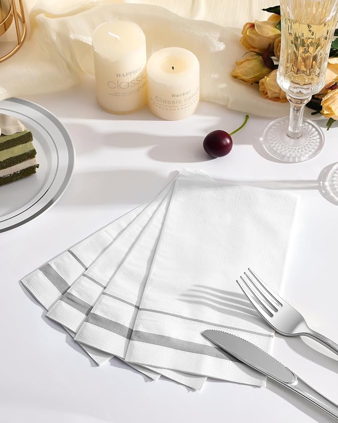Goodluck 200 Pack 3-Ply Disposable Napkins - Soft & Absorbent Paper Hand Towels for Bathroom Guests, Dinner Party, Kitchen, Christmas, Wedding & Events, Parties - Striped Siliver Trim