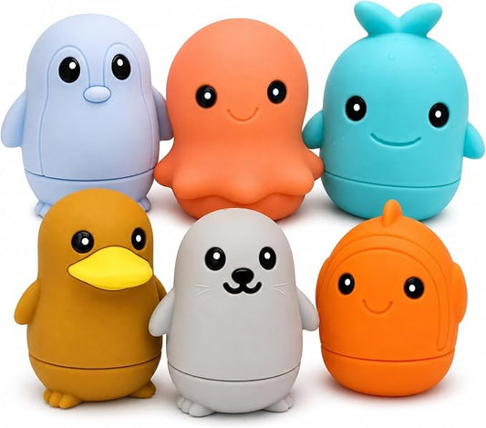 Silicone Bath Toys, Opens for Cleaning, Baby Bath Toys 9M+, Toddler Bath Toys 1-3, Bathtub Toys, Ocean Friends 6-Piece Set