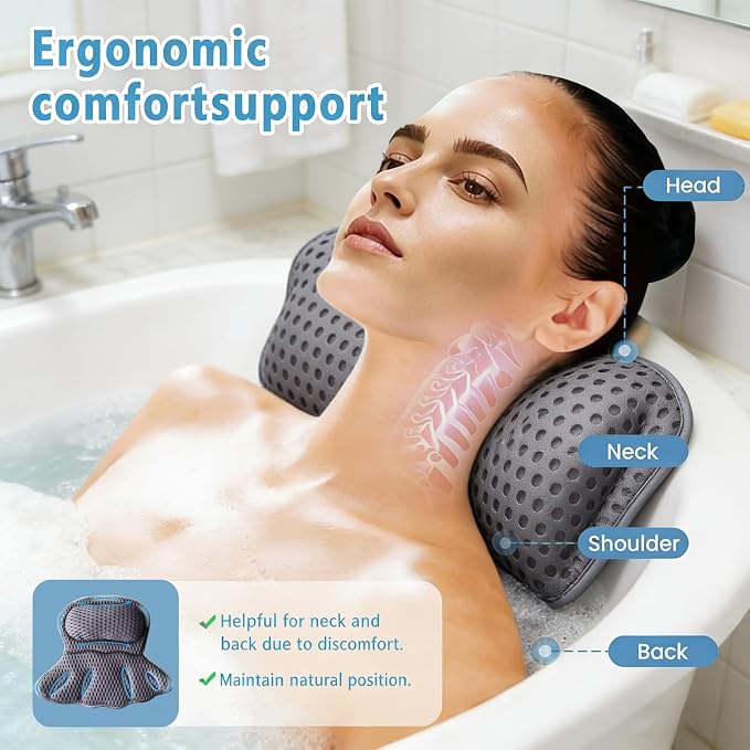 Luxury Bathtub Pillow, 4D Air Mesh Soft Bath Pillows for Tub, Ergonomic Neck & Back Support, Non-Slip Suction Cups Head Neck Support Hot Tub Pillow, Spa Bath Accessories Gift for Women Gray