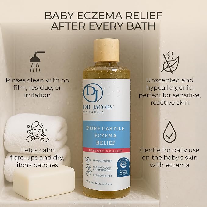 Dr. Jacobs Pure Castile Baby Wash - Effective Body Wash to Relieve Baby Eczema - Gentle Shampoo and Unscented Soap for Sensitive Skin, and Hypoallergenic - 16 oz