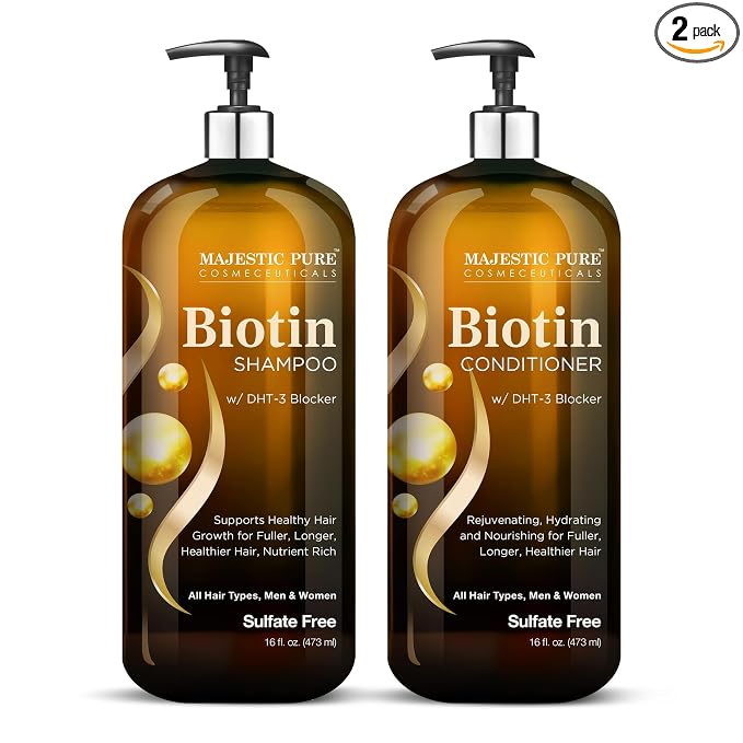 Majestic Pure Rosemary Castor & Biotin Shampoo and Conditoner-16fl oz each | Hair Thinning & Volumizing Shampoo for Hair Loss and Body for 72+ Hours - with DHT-3 Blocker Sulfate Free and Vegan Formula