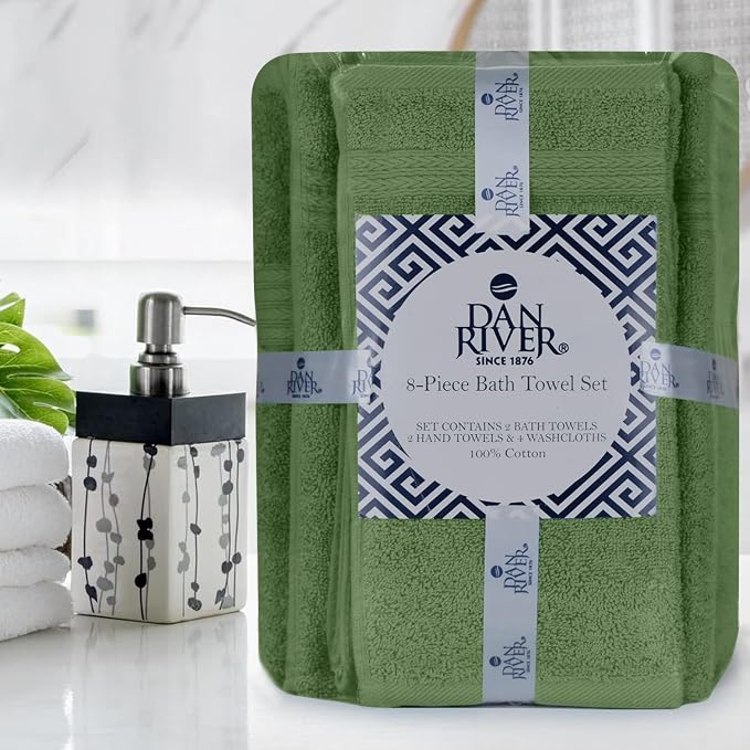 DAN RIVER 8 PC Luxury Bath Towels for Bathroom, 2 Bath, 2 Hand, and 4 Wash Cloths, 600 GSM 100% Ring Spun Cotton Towel Set, Highly Absorbent, Gym, Hotel, and Spa, Sage Green