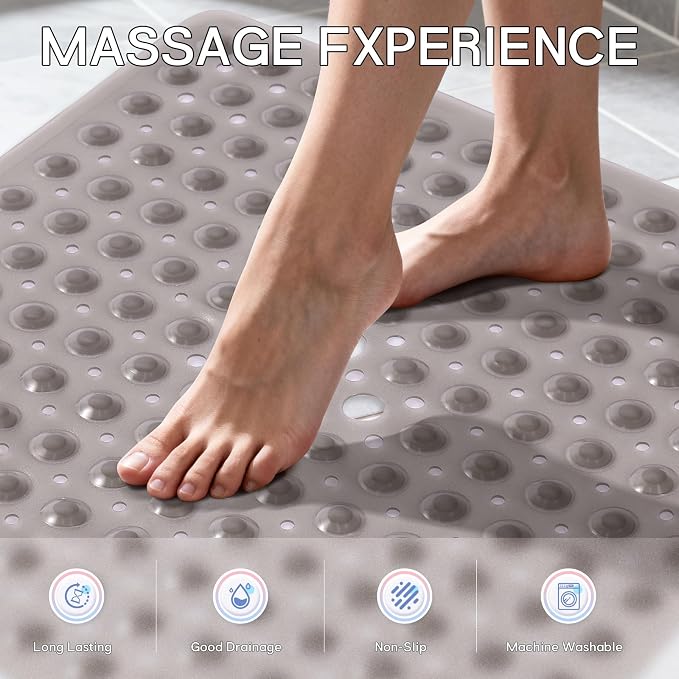 Anti-Slip Bathtub Shower mat, 21×21（ 53×53cm） inch Soft Oversized Machine Washable Non-Slip Bathtub mat with Drainage Holes, Bathroom Floor Suction Cup.（1-Clear Gray）