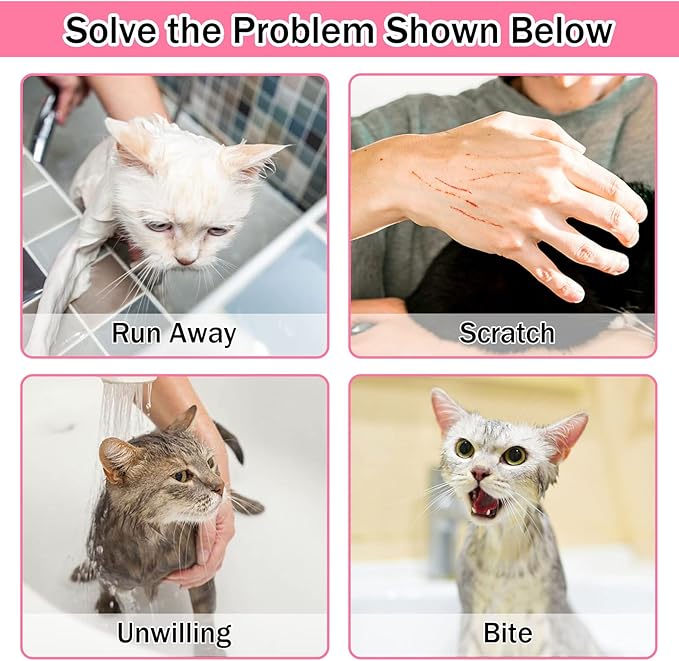 JULMELON 10PCS Cat Bathing Bag Adjustable Shower Washing Net Grooming Set | Polyester Mesh, Kitten Adult Pet Grooming, Shower Bathing Nail Trimming Examination, Brush Clipper File Comb Tick Tool Caps