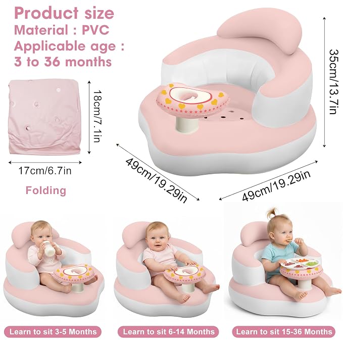 Inflatable Baby Seat for Babies 3-36 Months, Built-in Air Pump, Sit Me Up Chair with Tray and Back Support, Learning to Sit, Portable Baby Chair (Pink & White)