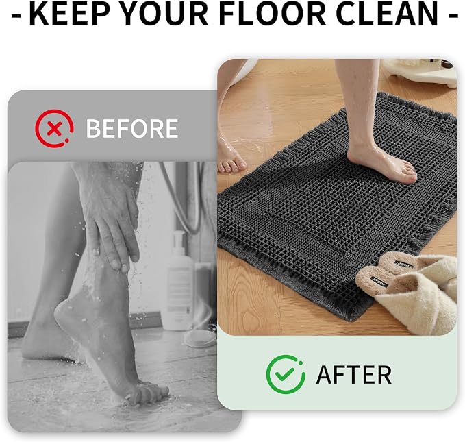 Waffle Bath Mat - Super Water Absorbing Bath Mat Quick Dry, Bathroom Rugs Non Slip Washable with Tassels, Rubber Backed Bathroom Mat for Bathroom Floor, Tub and Shower, 24" x 36", Black