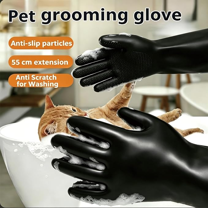 YOFANG 22" Extra Long Waterproof Pet Grooming Bath Gloves for Dogs Cats | Anti-Scratch Thick Rubber Washing Gloves with Soft Diamond particles,Efficient Hair Removal Bathing Gloves,Black