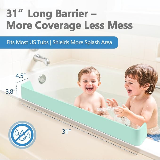 31.5" Bathtub Splash Guard for Tub Kids, Silicone Splash Shield with 11 Suction Cups, Toy Tray Shelf, No Spill Water Barrier, Prevents Mess, Fun Bathtime for Toddlers Baby–Green