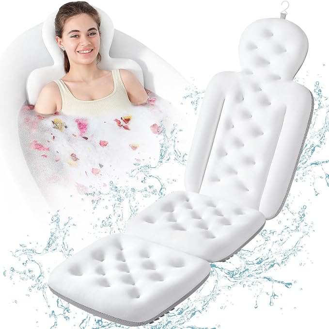 Luxury Bath Cushion, Full Body Bathtub Pillow with 160 Suction Cups, Bath Mat for Head and Neck Support, with Laundry Bag (White, 56" x 16")