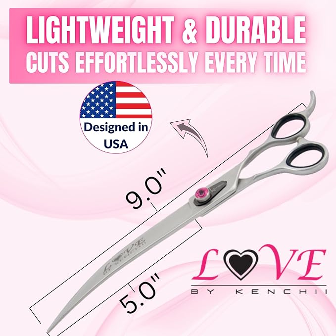 Kenchii Love Dog Grooming Scissors, 9 Inch Curved Shears, Dog Scissors for Grooming, Professional Pet Grooming Scissors, Ergonomic & Comfortable