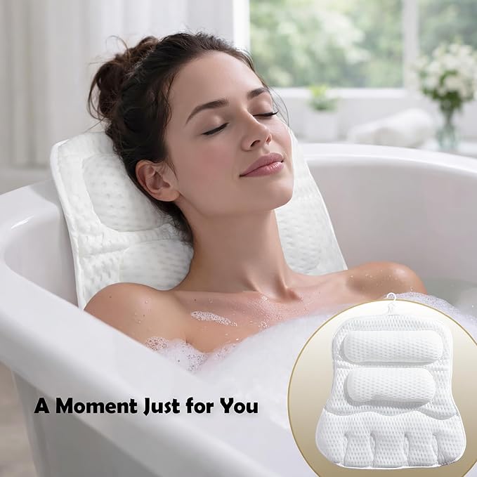 Bath Pillows for Tub, Full-Body Relaxation with Head, Neck & Shoulder Support, Ergonomic Design, 10 Suction Cups, Breathable 4D Air Mesh (White)