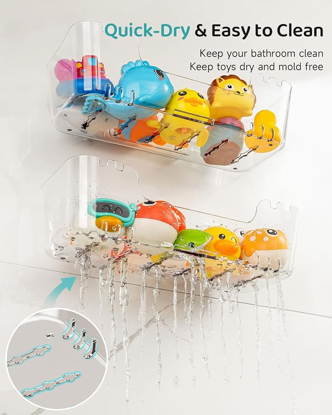 Bath Toy Storage Organizer 2 Pack, Transparent Bath Toy Holder with Drain Holes, Durable Plastic Bathtub Toy Storage for Bathroom, Quick-Dry Drainable Shower Caddy, Easy to Clean and Install