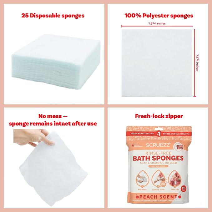 Scrubzz Disposable No Rinse Bathing Wipes - All-in-1 Single Use Shower Wipes, Simply Dampen, Lather, and Dry Without Shampoo or Rinsing (Peach, 8-Pack)