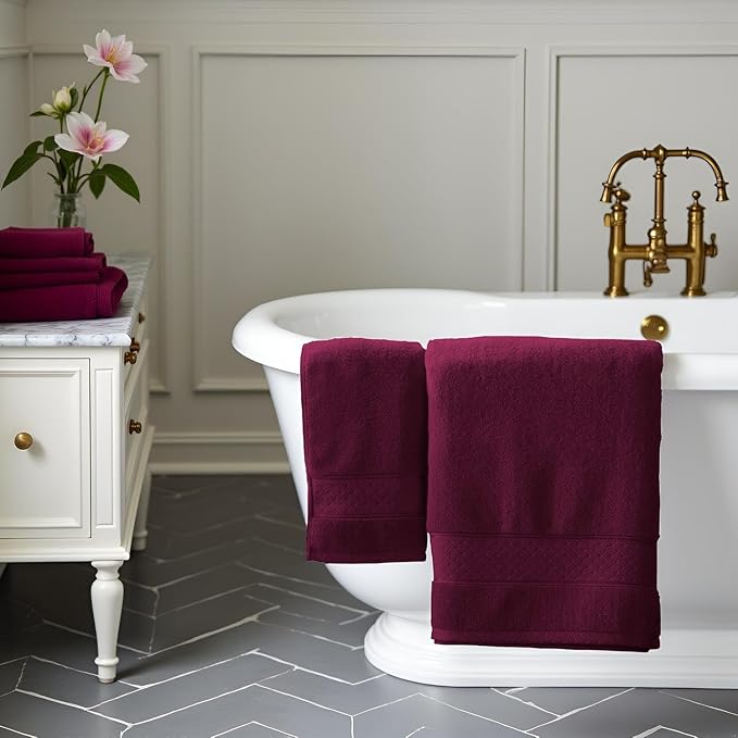 COZYART Burgundy 6 Pcs Bath Towel Set 100% Zero Twist Turkish Cotton 650GSM | Ring Spun, Fluffy, Ultra Soft, Fast Drying, Absorbent for Daily Bath Use