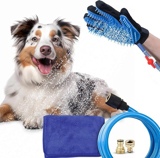 Dog Bath Glove & Sprayer – 3-in-1 Pet Bathing Tool for Washing, Scrubbing & Deshedding – Connects to Garden Hose – Adjustable Water Pressure – Easy Rinse Dog Shower – Gift for Dog Owners