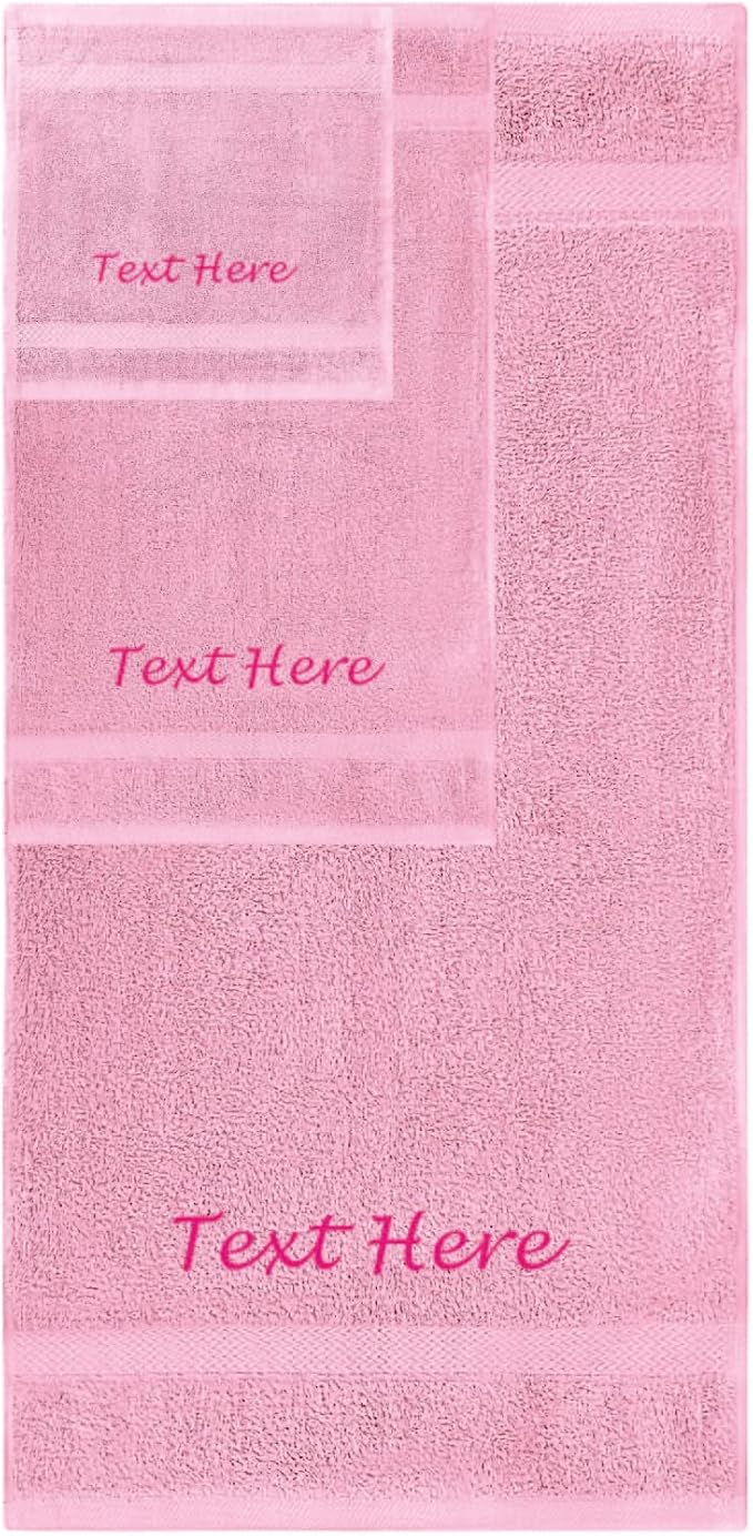 Personalized Towels Set - 3 Pack Super Soft & Absorbent Turkish Cotton Towels for Bathroom, Spa, Gym, Pool and Hotels - Includes 1 Bath Towel, 1 Hand Towel, 1 Washcloth - Light Pink Towel Set