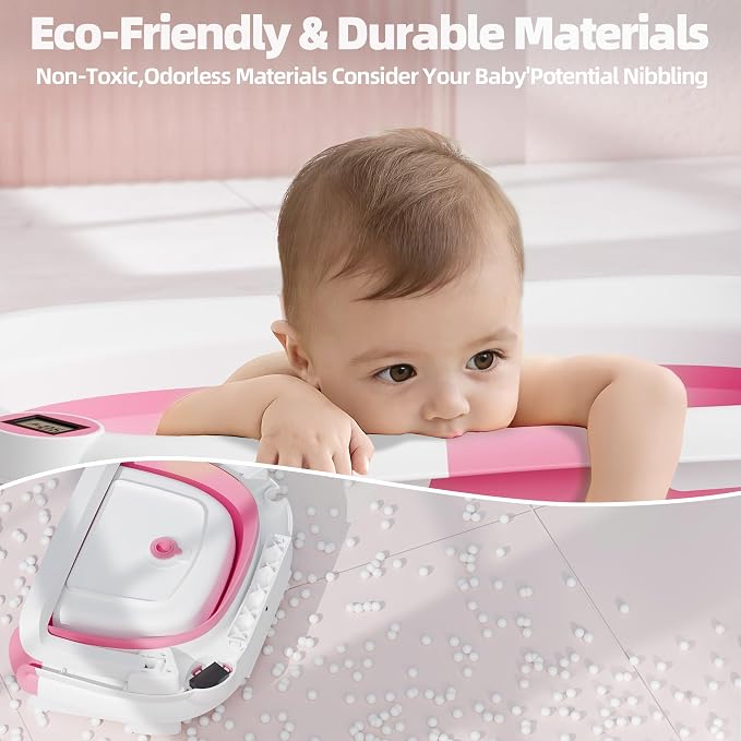 Collapsible Baby Bathtub for Newborn to Toddler, Foldable Infant Bath Tub with Real-Time Thermometer, Removable Soft Bath Cushion & Drain Plug, Portable Travel Newborn Tub, Dark Pink