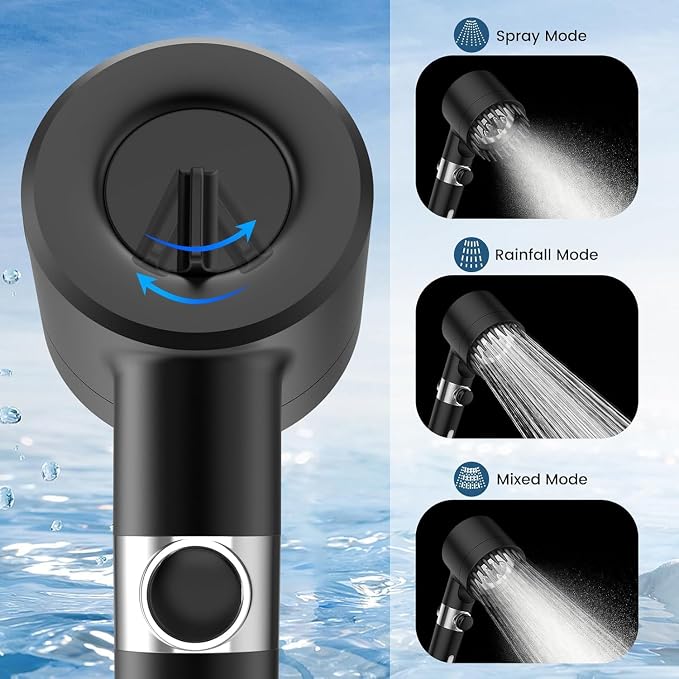 PWERAN Filtered Shower Head with Handheld, 3+1 Spray Modes High Pressure Shower Head with 3-PCS Filters for Hard Water Remove Chlorine, Detachable Showerhead with ON/OFF Switch for Pet Bath (Black)