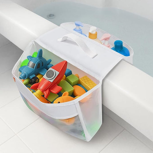 Bath Toy Organizer with 2 Large Pockets, Mesh Bathtub Toy Holder for Kids, Quick Dry Bathroom Storage Bag, Saddle Style Bath Toy Storage for Shampoo, Soap & Bath Essentials, Fits Tub Edges up to 6"