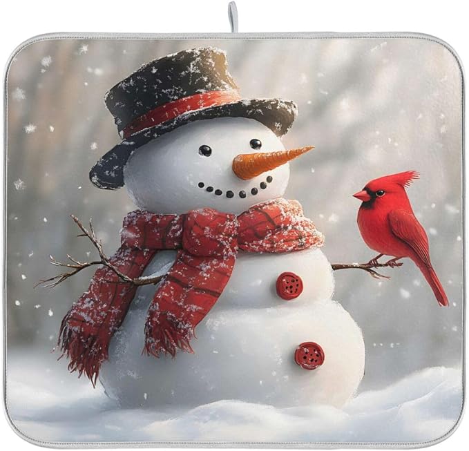 Snowman Cardinal Bird Absorbent Dish Drying Mat, Dishes Drainer Protector Pad Pot Holder for Kitchen 16 x 18 Inch