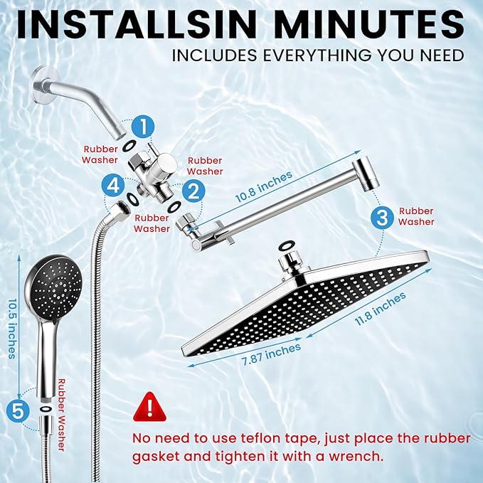 Shower Head with Handheld,11.8 Inch Large Rectangular Rain Shower Head with 5 Modes Handheld Spray Combo,Adjustable Double Shower Heads with Holder and 11'' Extension Arm,Chrome