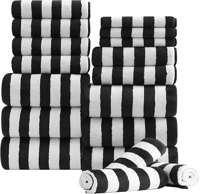 18 Pcs Black White Cabana Stripe Bath Towel Set with Hanging Loop-6 Bath Towels,6 Hand Towels,6 Washcloths Family Towels Set Bathroom Towel Highly Absorbent Quick Dry Shower Towel for Beach Spa Gym