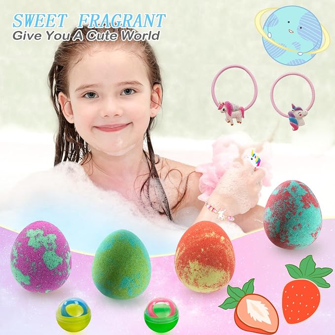 Easter Bath Bombs for Kids with Surprise Inside- Dino Egg Bath Bombs for Girls, 6 Pcs Bubble Bath Bomb, Dinosaur Bathbombs Gift Set, Unicorn Jewelry for Girls, Birthday Gifts, Easter Basket Stuffers