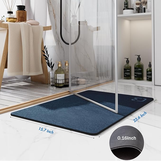RUERYA Diatomaceous Earth Bath Mat Rugs 23.6 x 15.7 inch, Quick Dry Super Absorbent Non Slip Rubber BottomThin Bathroom Mat Fit Under Door, Floor Rugs in Front of Bathtub,Shower Room,Sink, Navy