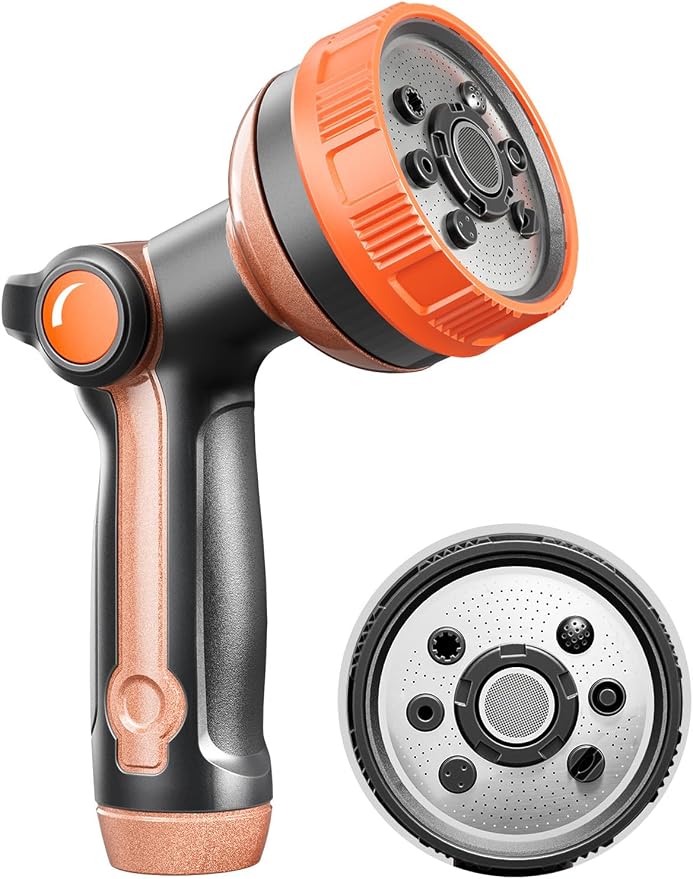 Garden Hose Nozzle, Metal Water Spray Nozzle with 8 Spray Patterns & Thumb Control, Heavy Duty Full Shower Water Nozzle for Lawn & Plant Watering, Car & Pet Washing, Orange