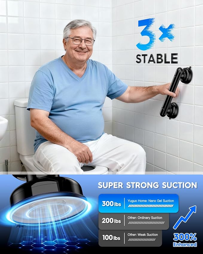 Upgraded 2-Pack Grab Bars for Shower Bathroom Wall, Heavy-Duty Suction Grab Bars Shower Handle Safety for Elderly Seniors Handicap, No Drilling Tool-Free, Reusable (Black and White)
