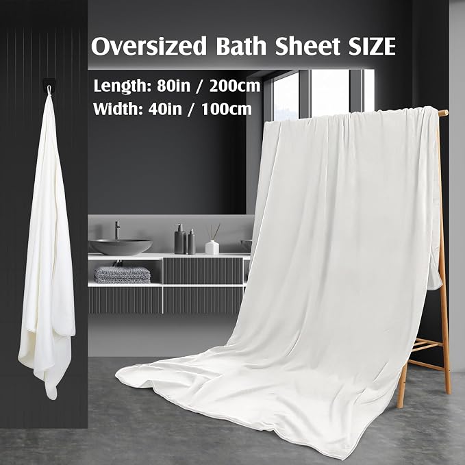 Preboun 2 Pcs Oversized Fleece Bath Towels, 40 x 80 Inch Bath Sheets Extra Large Microfiber Coral Velvet Highly Absorbent Towels 350gsm High Density Towel for Adults Home Beach (Cream)