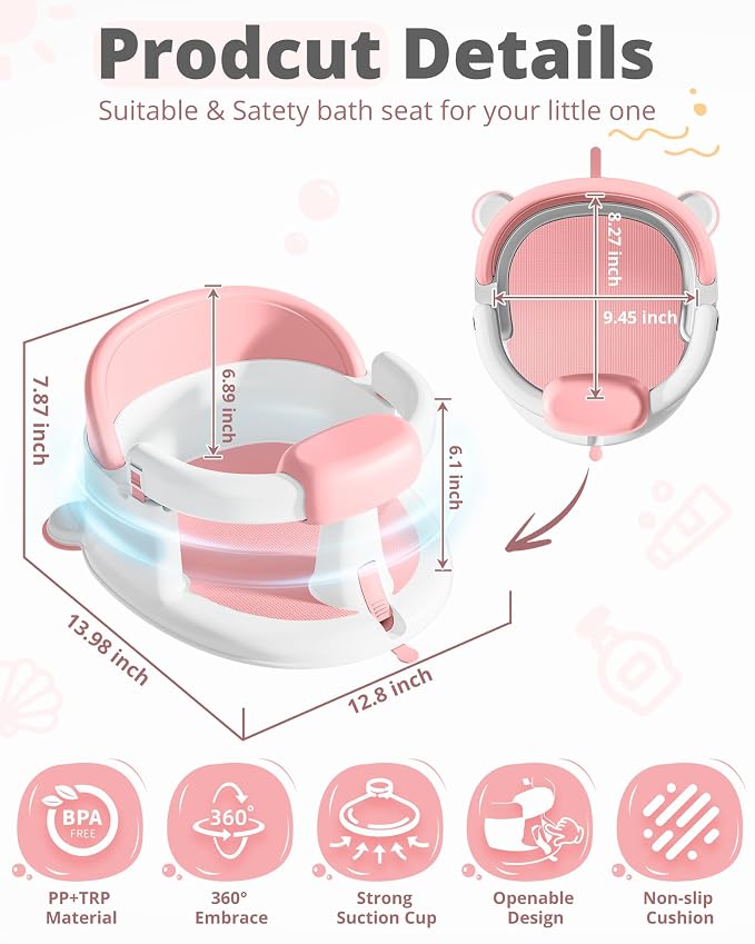 ONTHEWEI Baby Bath Seats for Babies Sitting Up, Non-Slip Baby Bathtub with 3 Suction Cups, Safe & Comfortable Toddler Bath Seat Ideal for Baby Bath/Shower Support, Stable Design, Pink (6-24 Months)