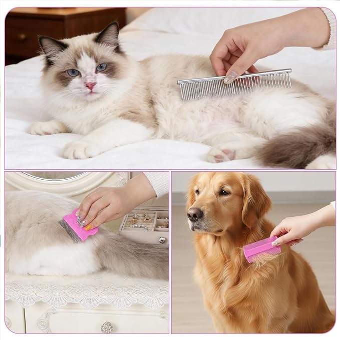 6 Pcs Flea Lice Comb for Cats Dogs, Pink | Stainless Steel, Rounded Teeth, Tear Stain Remover, Dematting Brush, Professional Pet Grooming Kit