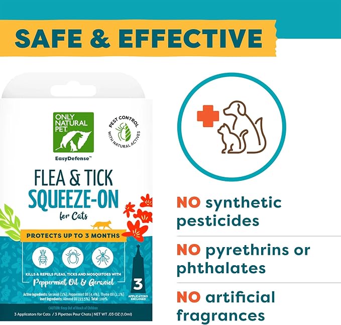 Only Natural Pet EasyDefense Natural Control Squeeze-On Drops - Plant-Based Formula for Cats Over 4 Months - Natural Topical Care Formula for Cats - Pet Health Protection - 3-Month Supply (2-Pack)