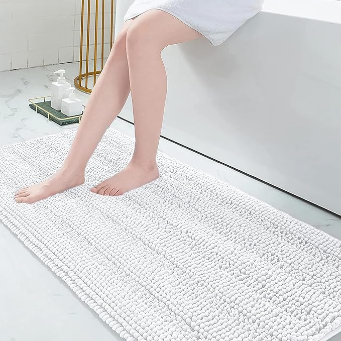 Grandaily Chenille Striped Bathroom Rugs 70x24, Extra Thick and Absorbent Bath Mats, Non-Slip Soft Plush Shaggy Shower Carpet, Machine Wash Dry, Bath Rug for Bathroom, White