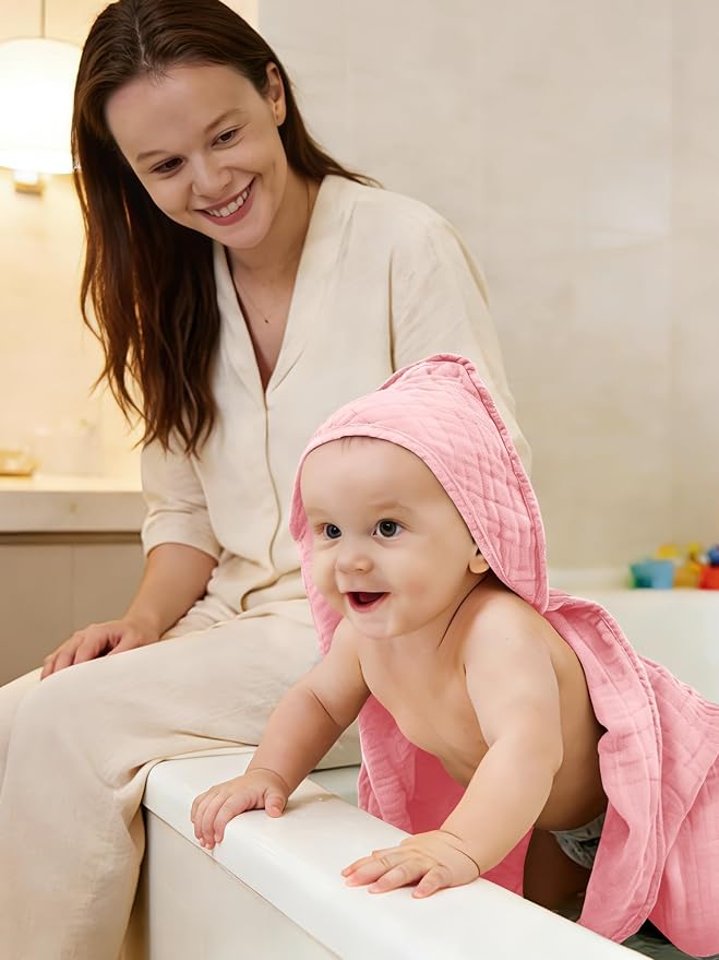 Muslin Hooded Baby Bath Towels - 3 Pack 100% Cotton Ultra-Soft Towels for Newborns, Infants, Toddlers - 32x32 Inch - Highly Absorbent, Quick-Dry Essentials for Bath Time, Beach, Pool, Pink Series