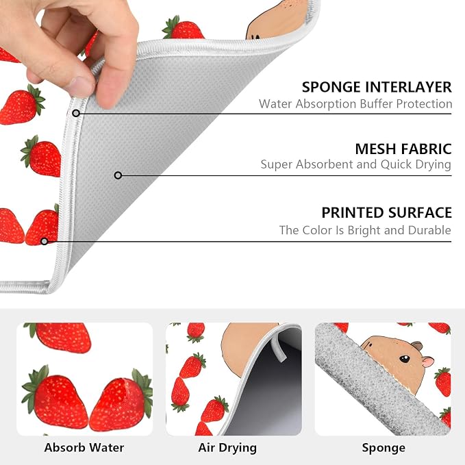 Cute Capybara Strawberry Dish Drying Mat, Absorbent Drainer Mats for Kitchen Counter Coffee Maker 24"x18"