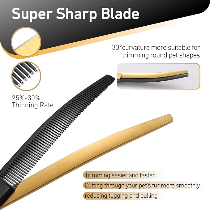 Black and Golden Professional Curved Thinning Dog Grooming Scissors 7.5'' 440C Stainless Steel Thinner Shear Sharp and Durable with Decorative Screw