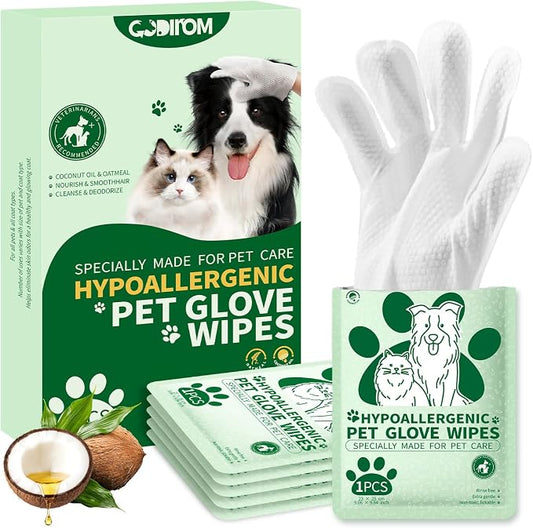 Pet Cleaning Glove Wipes for Dogs & Cats, Thick 90g No-Rinse Deodorizing Grooming Wipes, Hypoallergenic Disposable Bathing Gloves for Daily Care & Travel, Coconut Scent, 6 Pcs